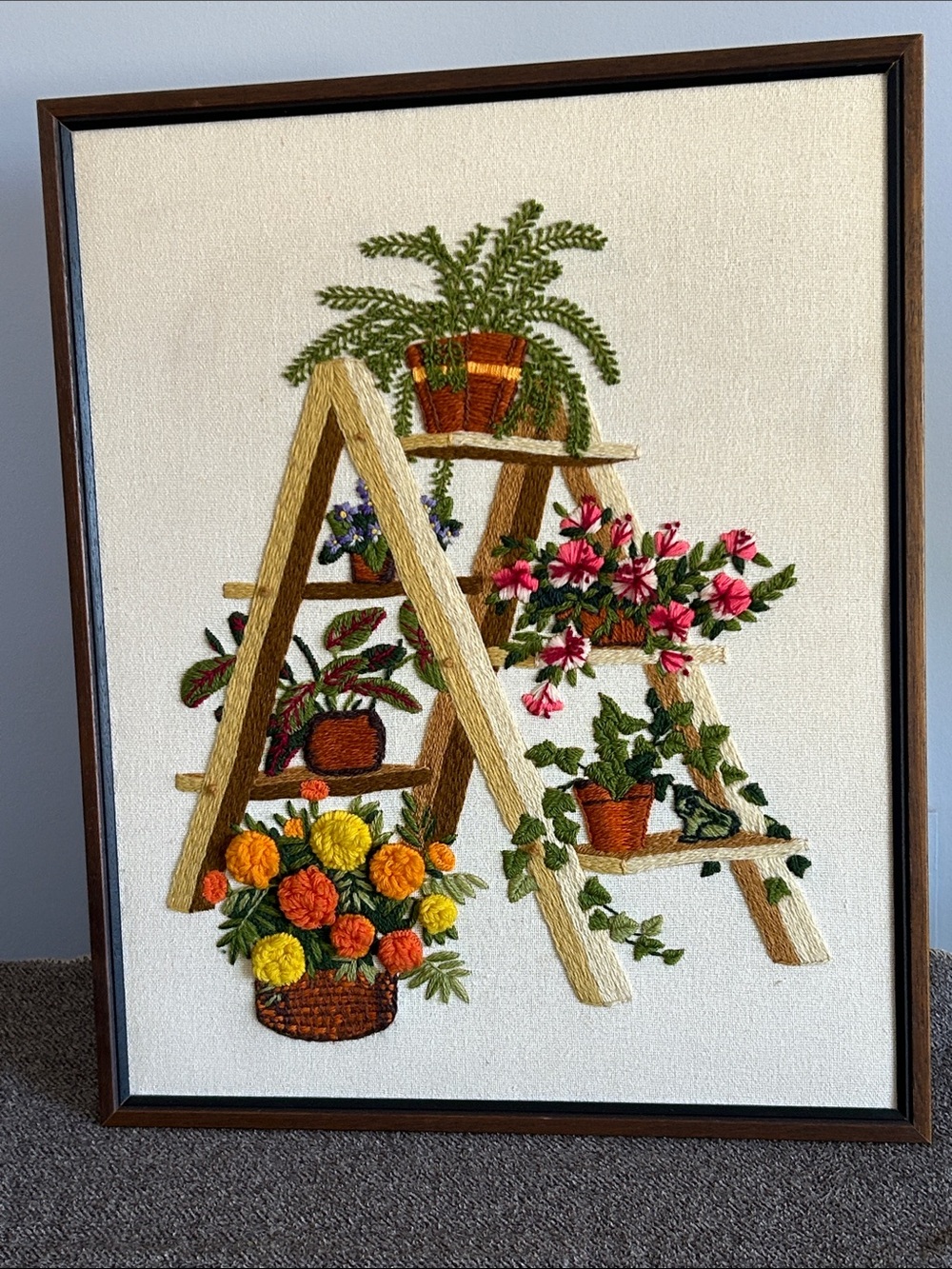 Embroidered Floral Ladder Wall Art - Green, Pink, Orange